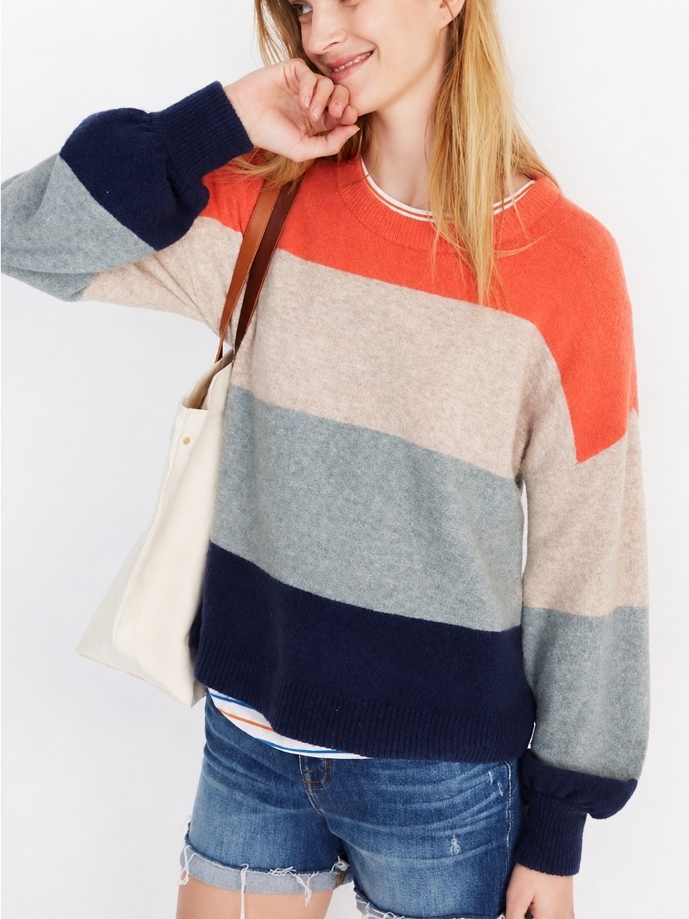 Madewell Colorblock Crewneck Sweater in Coral, Gray, Blue